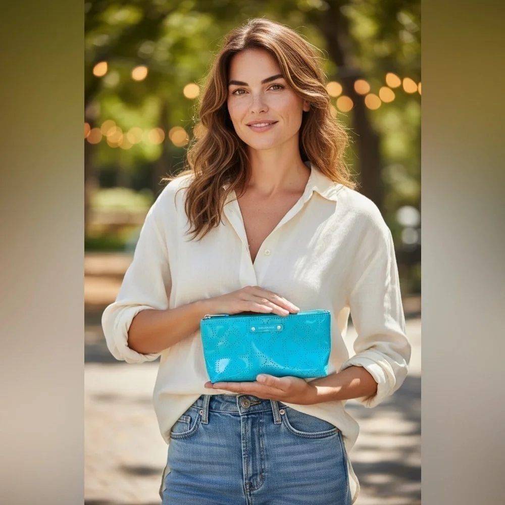 Kate Spade Sparkle cosmetic bag in turquoise patent leather with a 🩵 Pattern